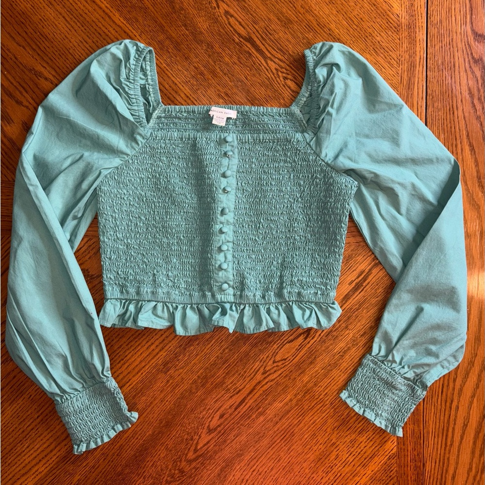 American Eagle Outfitters Green Puff Sleeve Crop Blouse